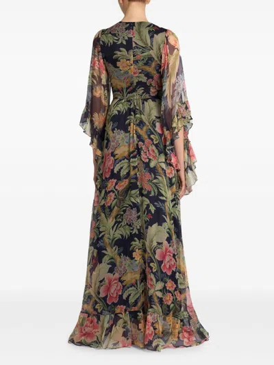 Etro Navy Blue Printed Silk Maxi Dress In Green