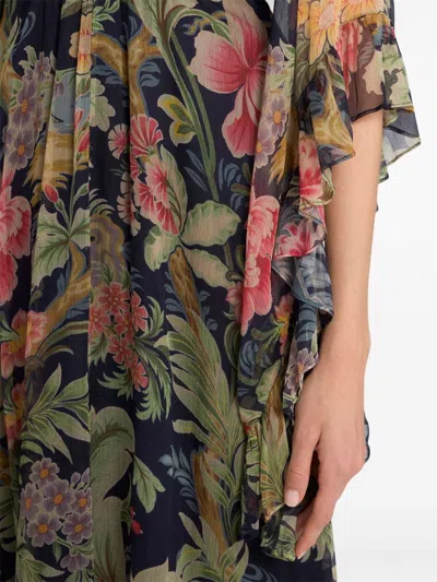 Etro Navy Blue Printed Silk Maxi Dress In Green