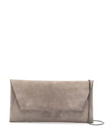 Brunello Cucinelli Suede Clutch With Envelope Design And Chain-link Strap In Grey