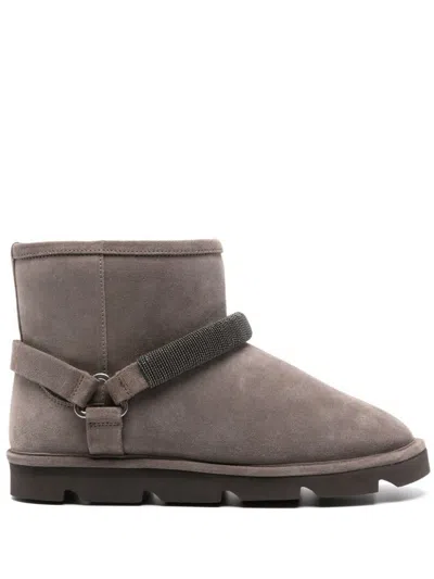 Shop Brunello Cucinelli Suede Ankle Boots With Shearling Lining In Grey