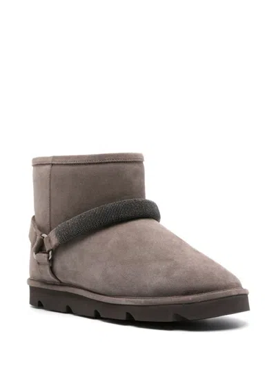 Shop Brunello Cucinelli Suede Ankle Boots With Shearling Lining In Grey