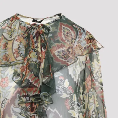 Etro Ruffled Floral-print Silk-crepon Blouse In Green