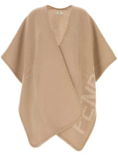 Shop Fendi Roma Wool And Cashmere Blend Cape In Beige