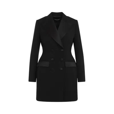 Dolce & Gabbana Double-breasted Wool Blend Blazer With Satin Detailing In Black