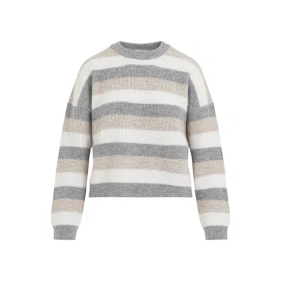 Peserico Striped Wool Silk Cashmere Blend Sweater In Grey