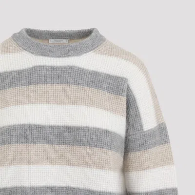 Peserico Striped Wool Silk Cashmere Blend Sweater In Grey