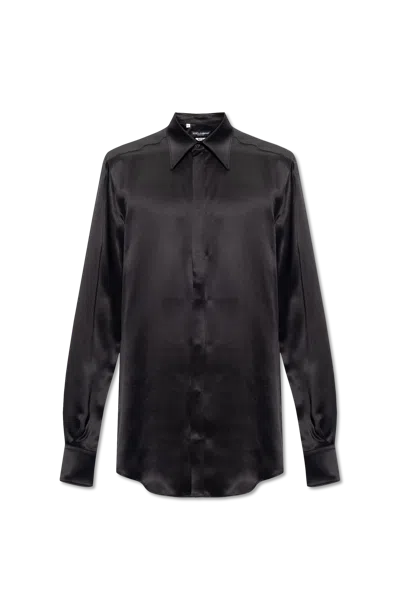 Dolce & Gabbana Silk Satin Martini-fit Shirt In Black