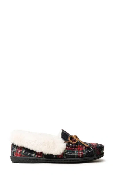 Minnetonka Camp Faux Fur Lined Moccasin Slipper In Black Tartan Plaid