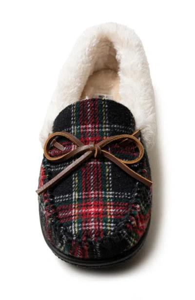 Minnetonka Camp Faux Fur Lined Moccasin Slipper In Black Tartan Plaid