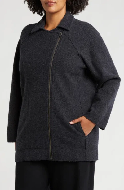 Eileen Fisher Longline Wool Motorcycle Jacket In Charcoal