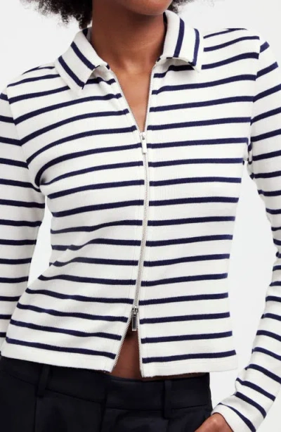 Madewell Stripe Rib Zip Front Top In Winter White