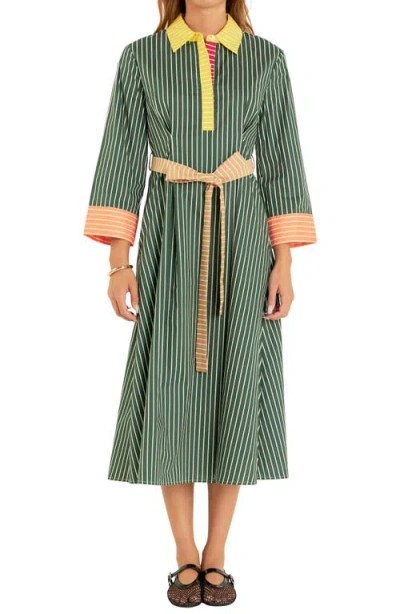 Shop English Factory Colorblock Detail Stripe Cotton Shirtdress In Green Multi