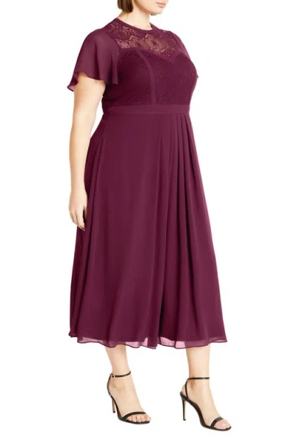 City Chic Niki Embroidered Lace Fit & Flare Dress In Plum