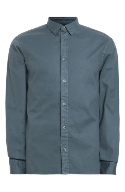 Shop Allsaints Hawthorne Solid Stretch Cotton Button-up Shirt In Ashy Blue