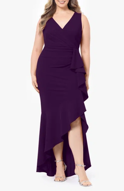 Betsy & Adam Sleeveless High-low Ruffle Gown In Mulberry