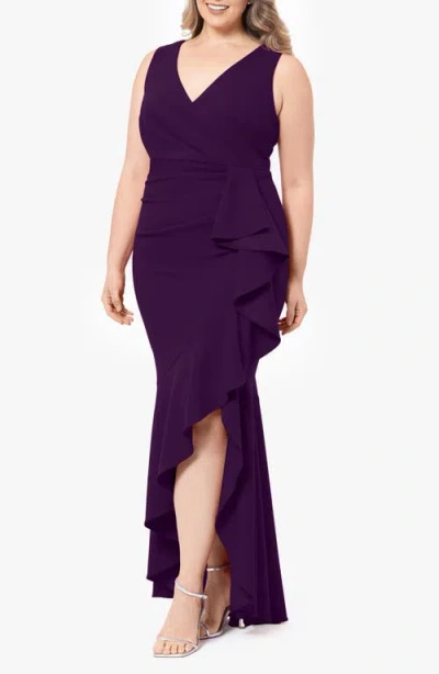Betsy & Adam Sleeveless High-low Ruffle Gown In Mulberry