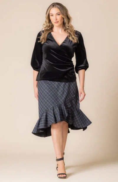 Kiyonna Odette Velvet Faux Wrap Top In Onyx