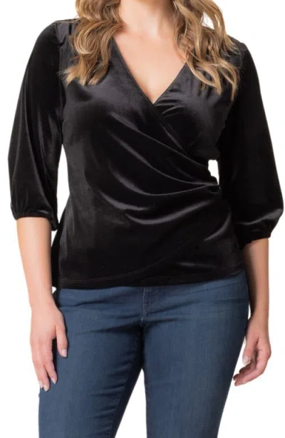 Kiyonna Odette Velvet Faux Wrap Top In Onyx