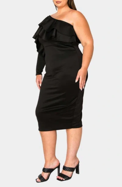 L I V D Val Ruffle One-shoulder Midi Dress In Black