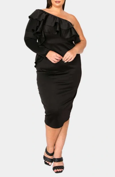 L I V D Val Ruffle One-shoulder Midi Dress In Black
