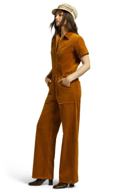 Brixton Stretch Cotton Corduroy Utility Jumpsuit In Golden Brown Cord