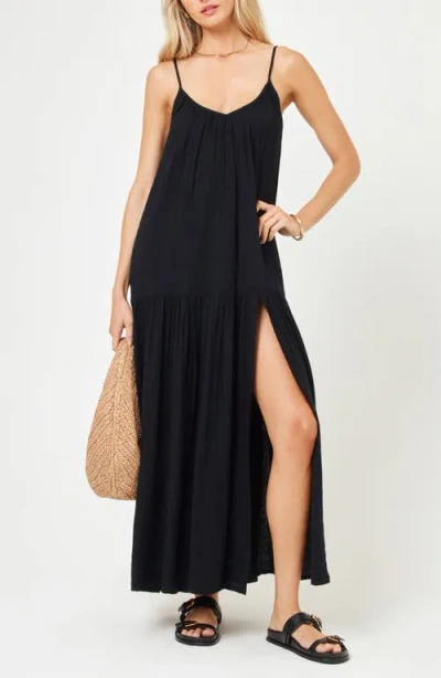 L*space Malibu Cover-up Maxi Dress Women Black Spaghetti Strap Slit Leg Buu569 In Black