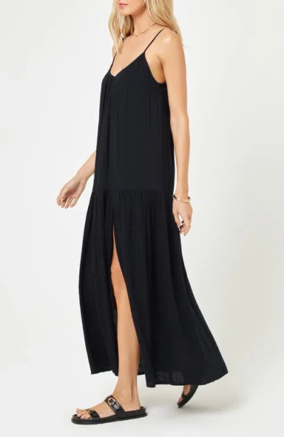 L*space Malibu Cover-up Maxi Dress Women Black Spaghetti Strap Slit Leg Buu569 In Black