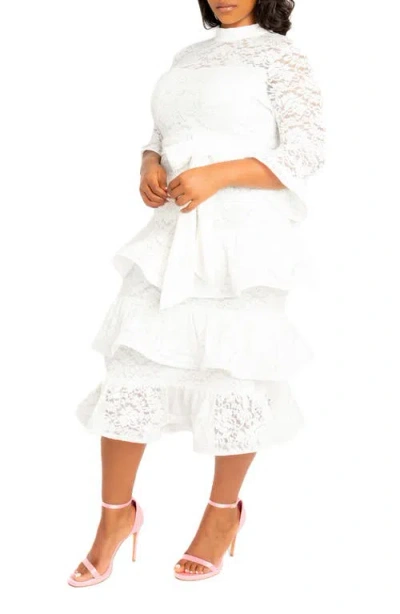 Buxom Couture Tiered Lace Long Sleeve Maxi Dress In White