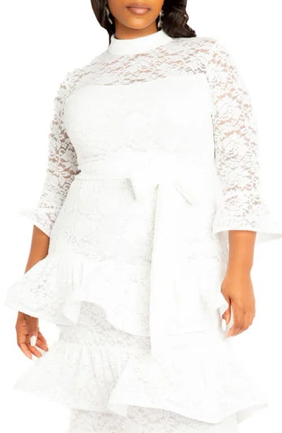 Buxom Couture Tiered Lace Long Sleeve Maxi Dress In White