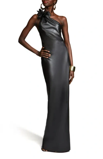 Halston Rhia One-shoulder Faux Leather Column Gown In Black