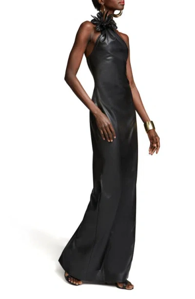 Halston Rhia One-shoulder Faux Leather Column Gown In Black