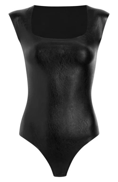 Commando Cap-sleeve Faux Leather Bodysuit In Black