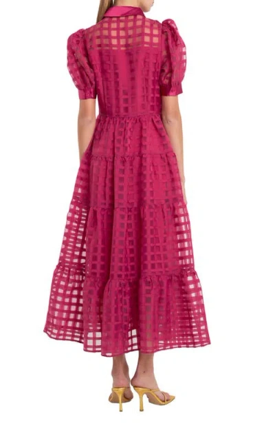 English Factory Grid Pattern Tiered Midi Shirtdress In Bordeaux