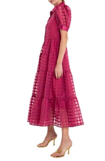 English Factory Grid Pattern Tiered Midi Shirtdress In Bordeaux