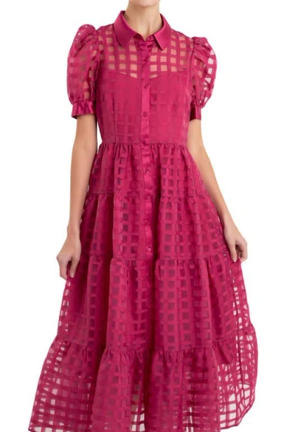 English Factory Grid Pattern Tiered Midi Shirtdress In Bordeaux
