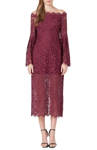 Shop Endless Rose Off The Shoulder Long Sleeve Lace Maxi Dress In Burgundy