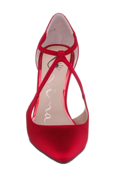 Nina Netta Ankle Strap Pointed Toe Pump In Red Rouge