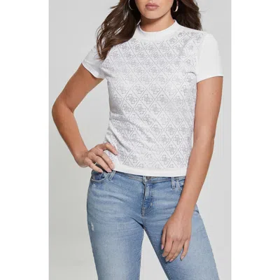 Guess Women's Rhinestone-logo Mock-neck Short-sleeve Top In Pure White