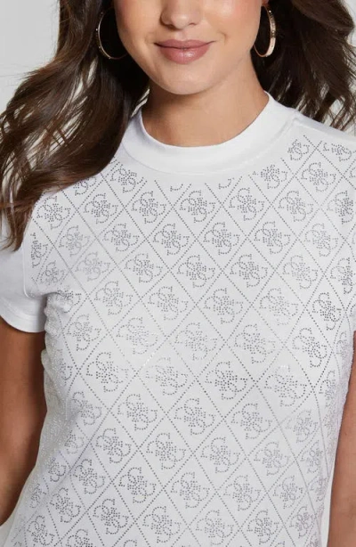 Guess Women's Rhinestone-logo Mock-neck Short-sleeve Top In Pure White