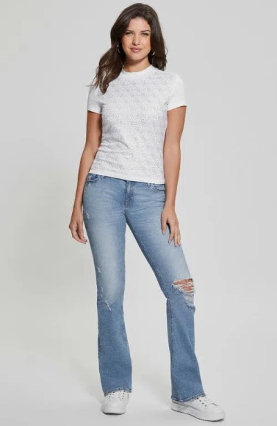 Guess Women's Rhinestone-logo Mock-neck Short-sleeve Top In Pure White