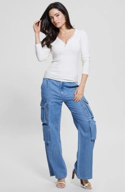 Guess Kyra Rib Three-quarter Sleeve Henley In Dove White