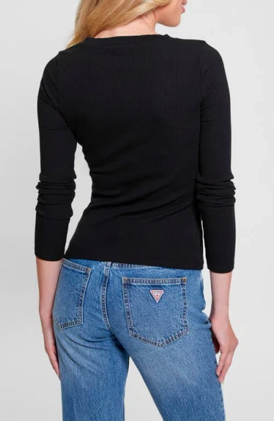 Shop Guess Kyra Rib Three-quarter Sleeve Henley In Jet Black