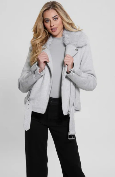 Guess Nancy Moto Jacket With Removable Faux Fur Collar In Light Melange Grey