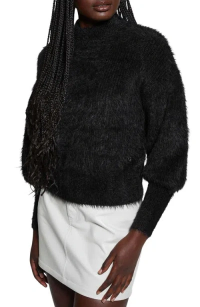 Guess Keyla Fuzzy Bishop Sleeve Sweater In Jet Black
