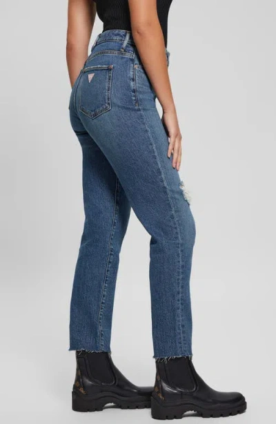 Guess High Waist Distressed Raw Hem Ankle Mom Jeans In Winx