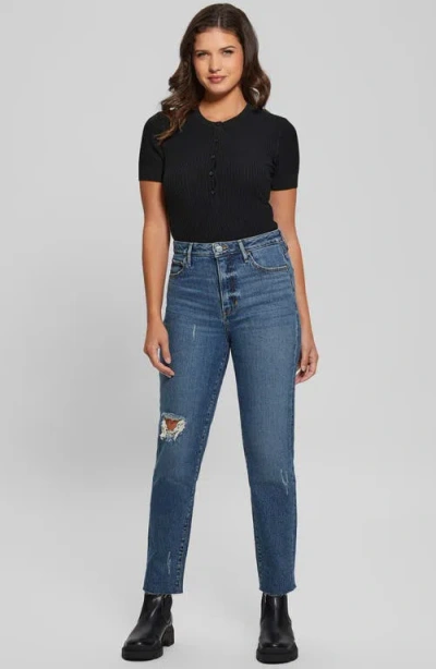 Guess High Waist Distressed Raw Hem Ankle Mom Jeans In Winx