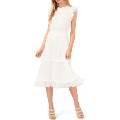 Cece Ruffled Swiss Dot Midi Dress In Soft Ecru