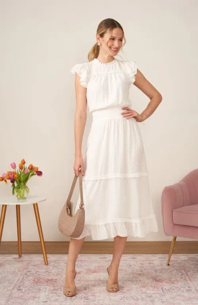 Cece Ruffled Swiss Dot Midi Dress In Soft Ecru