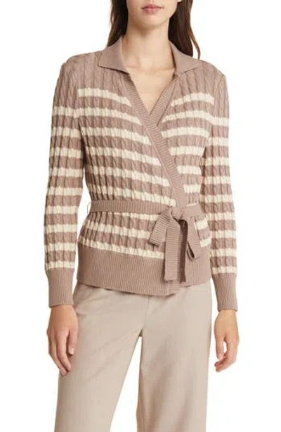 Misook Striped Cable Knit Wrap Cardigan In Macchiato/biscotti