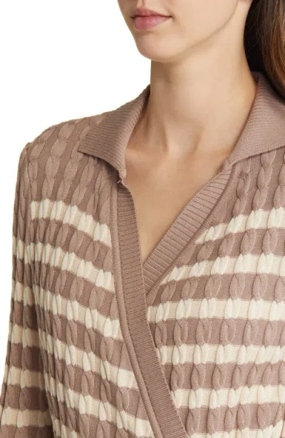 Misook Striped Cable Knit Wrap Cardigan In Macchiato/biscotti